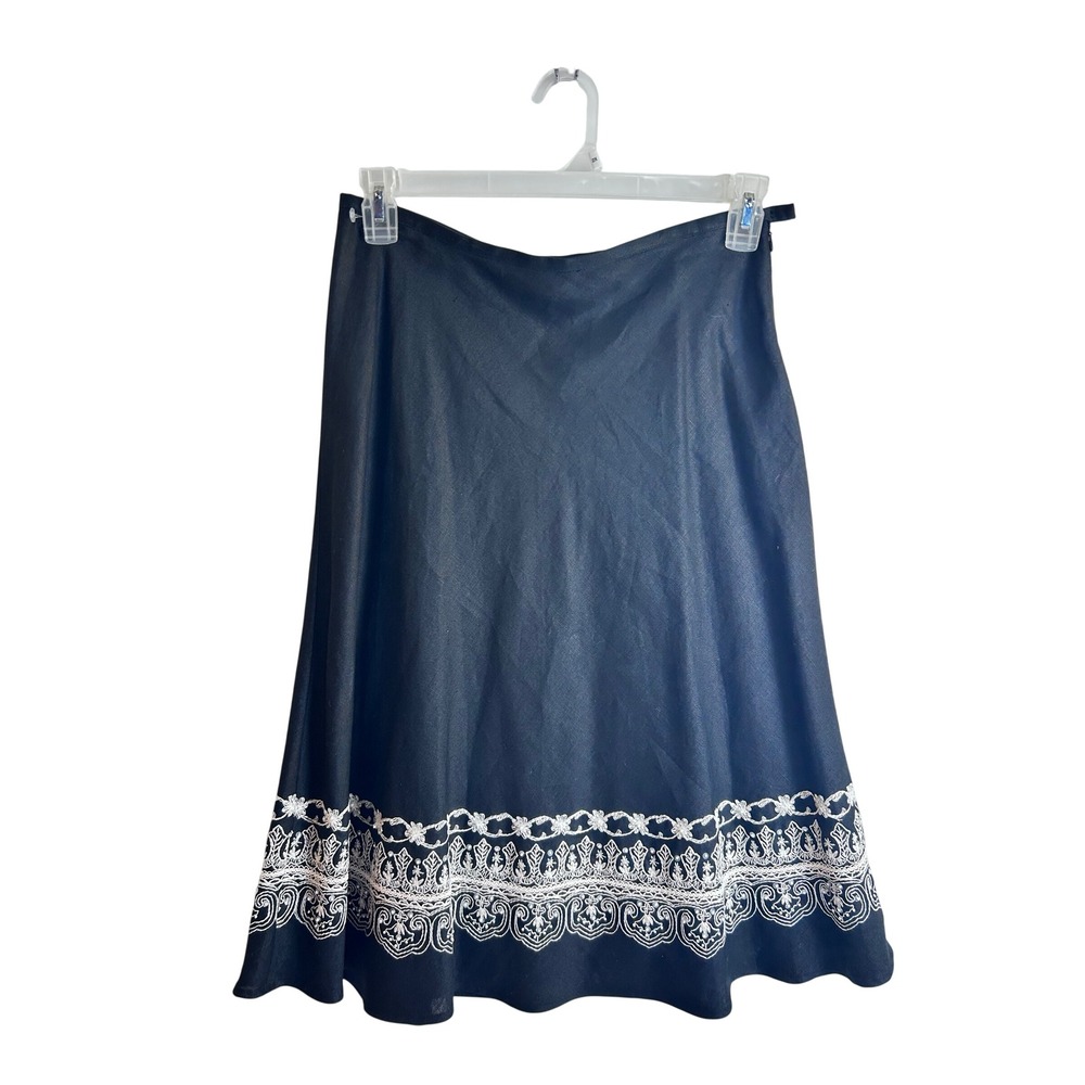 Rafaella Linen Midi Skirt Size 8 Black Embroidered Sequin Hem Women